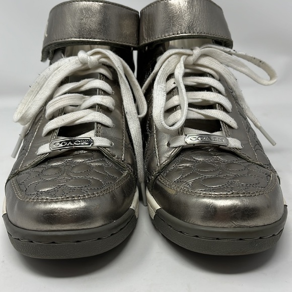 COACH NANETTE METALLIC QUILTED LEATHER C-LOGO VELCRO HIGH TOP SNEAKERS SZ 7.5.. - Picture 3 of 10